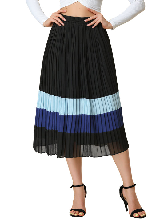 Women's Summer Elastic Waist Color Block A-Line Pleated Chiffon Midi Skirt