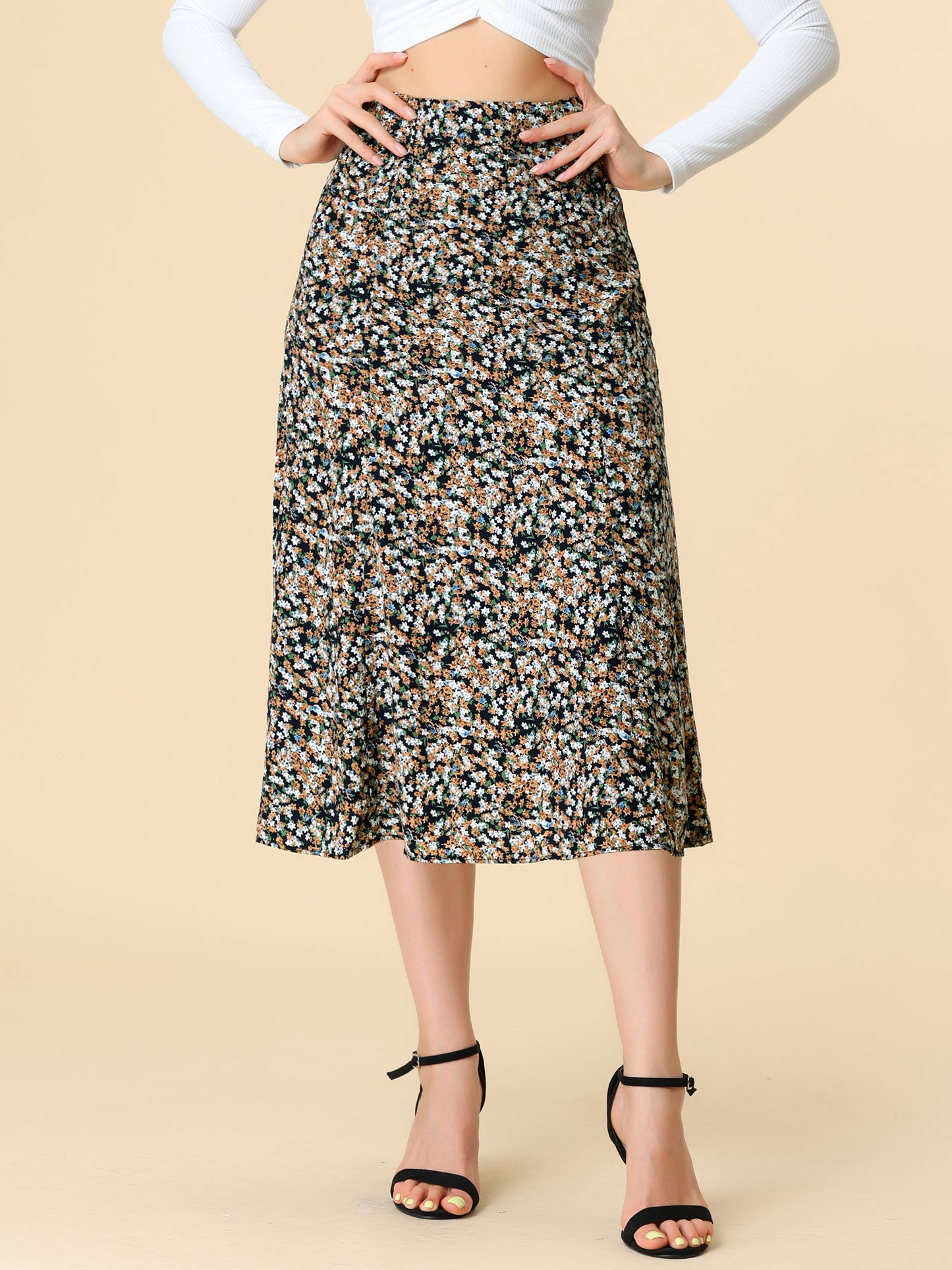 Falda midi floral para mujer, cintura elástica, corte A, estampado de florecitas