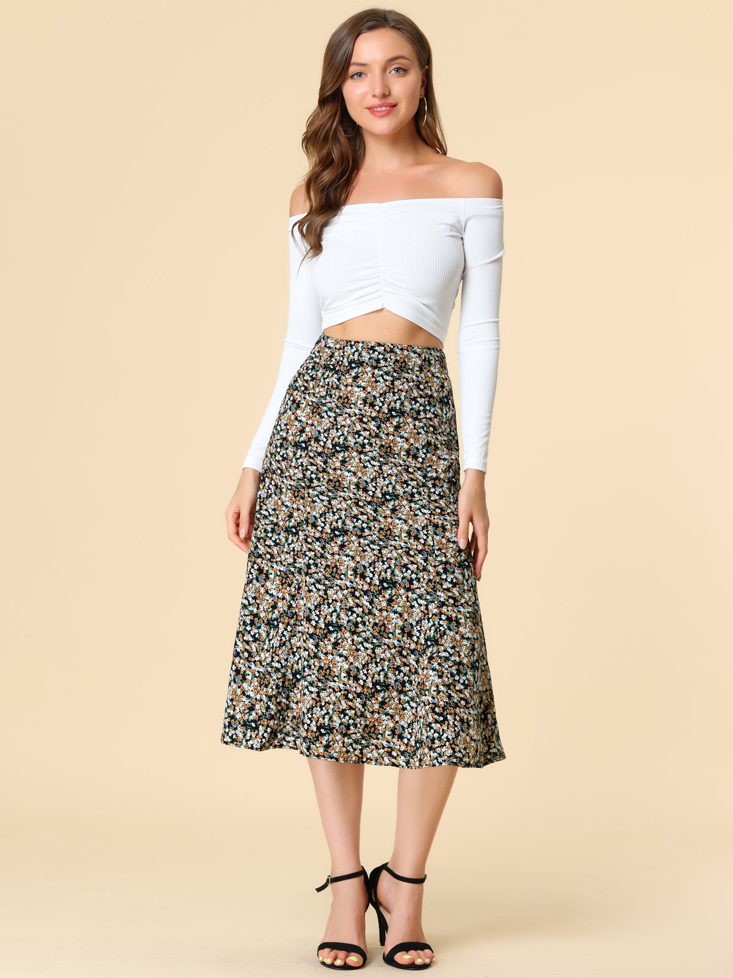 Falda midi floral para mujer, cintura elástica, corte A, estampado de florecitas
