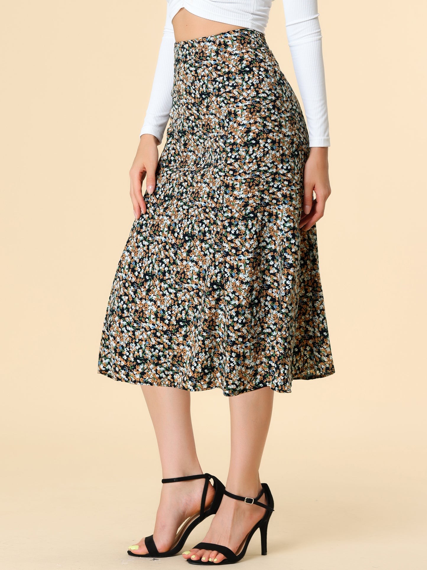 Falda midi floral para mujer, cintura elástica, corte A, estampado de florecitas