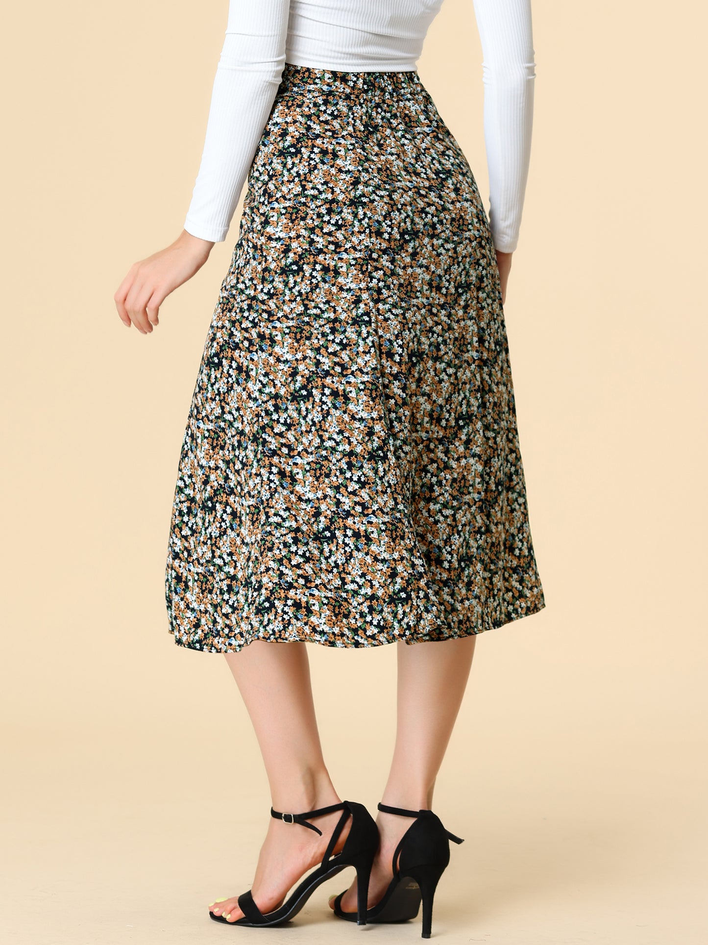 Falda midi floral para mujer, cintura elástica, corte A, estampado de florecitas