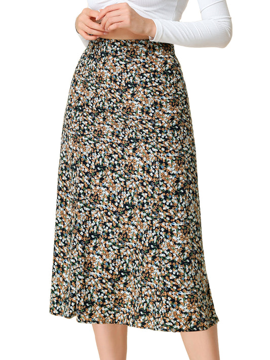 Women's Floral Midi Skirt Peasant Elastic Waist A-Line Ditsy Printed Skirts