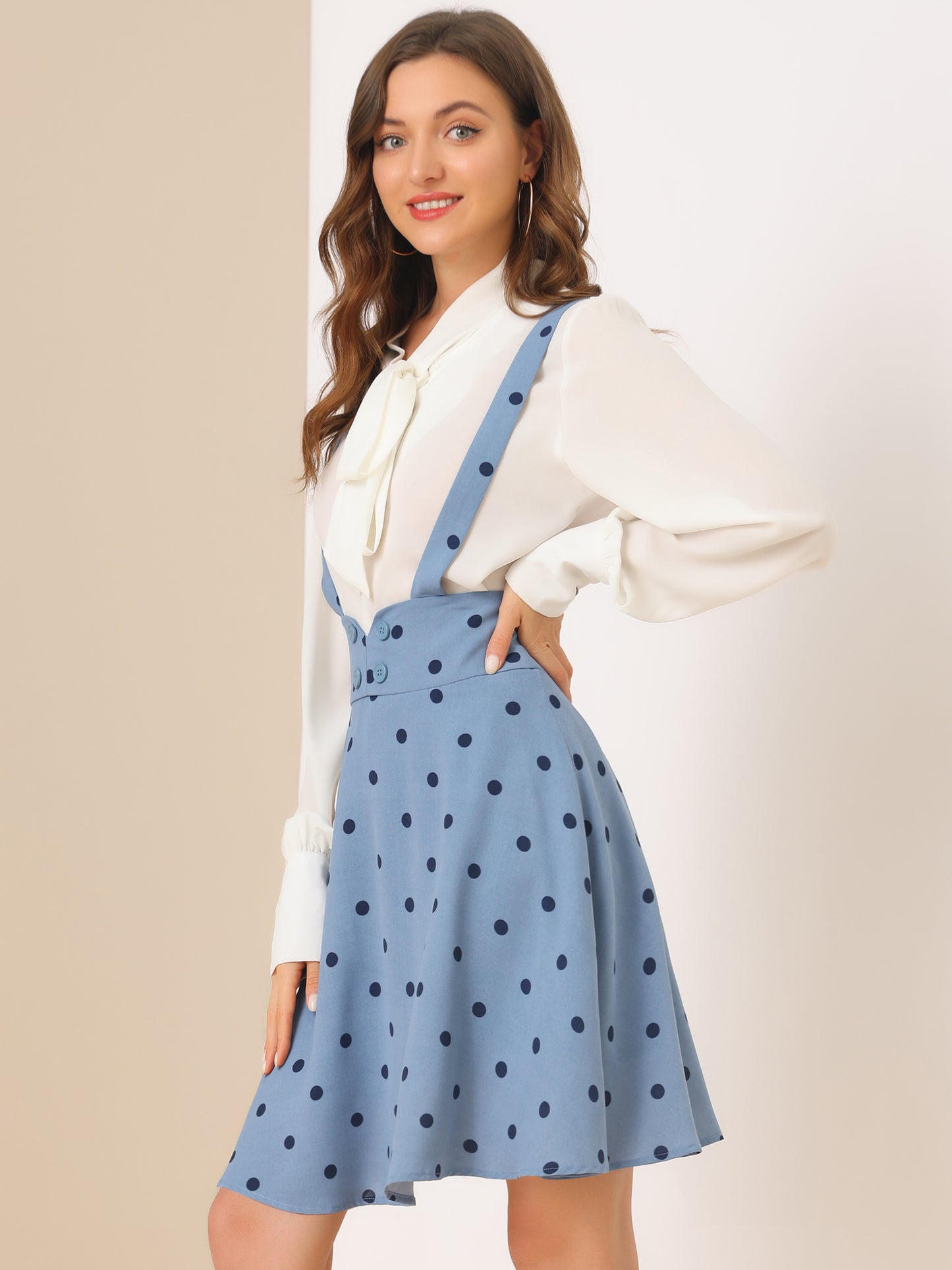 Womens High Waist Flared Skater Pinafore Overalls Polka Dots Suspender Skirts