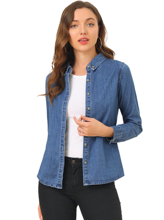 Women's Button Up Long Sleeve Collared Denim Shirt