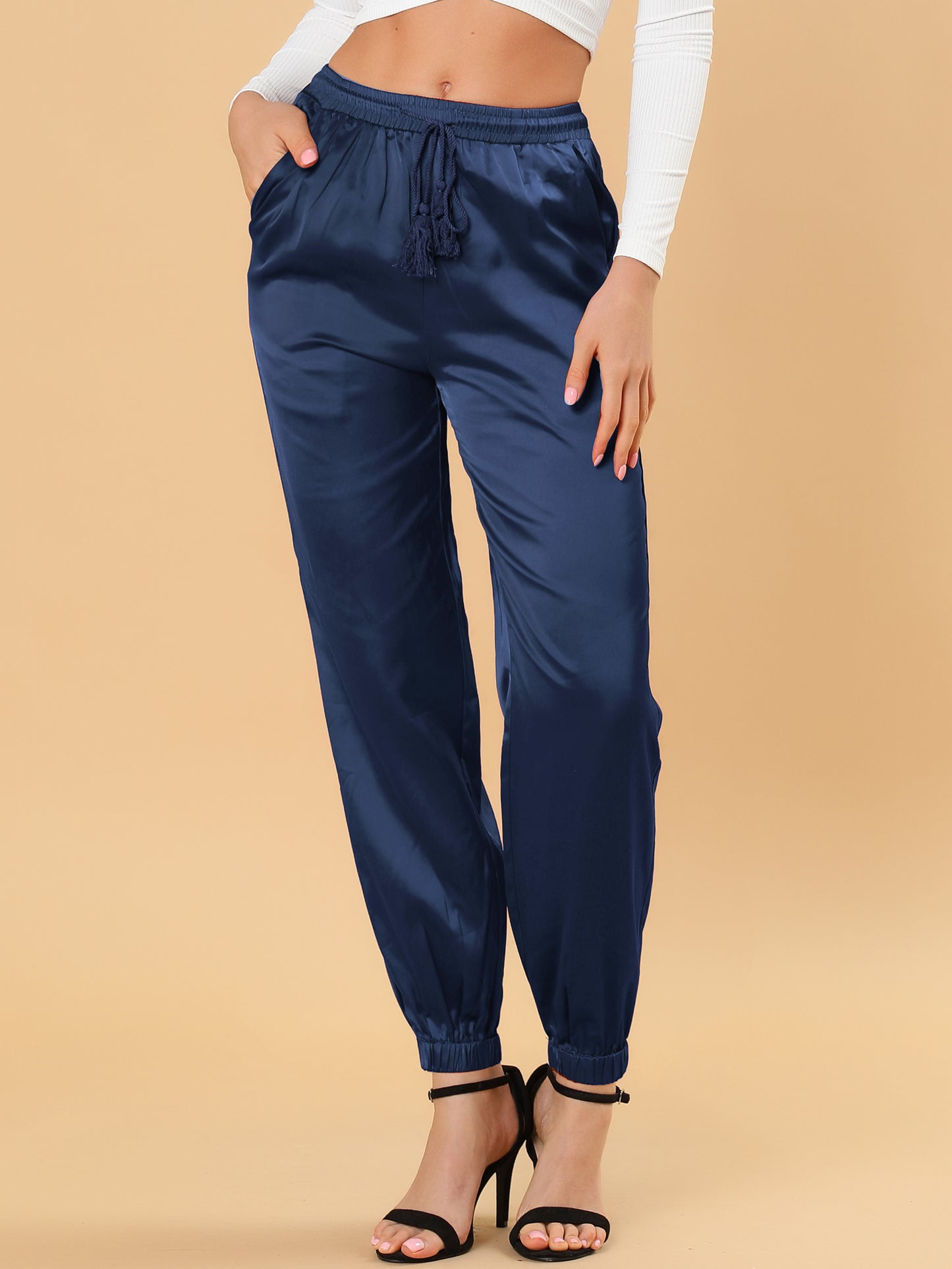 Pantalones deportivos casuales de satén con cintura elástica y cordón para mujer, largos hasta el tobillo, con bolsillo