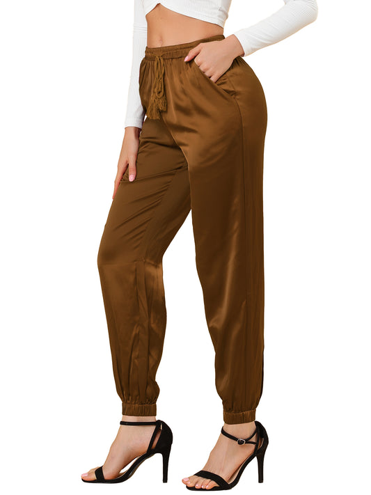 Women's Drawstring Elastic Waist Athleisure Pants Casual Ankle Length Satin Joggers with Pocket