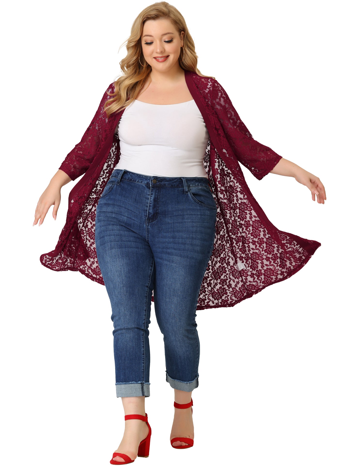 Women Plus Size Cardigans Lace Lightweight Crochet 3/4 Sleeve Cover Up Jacket