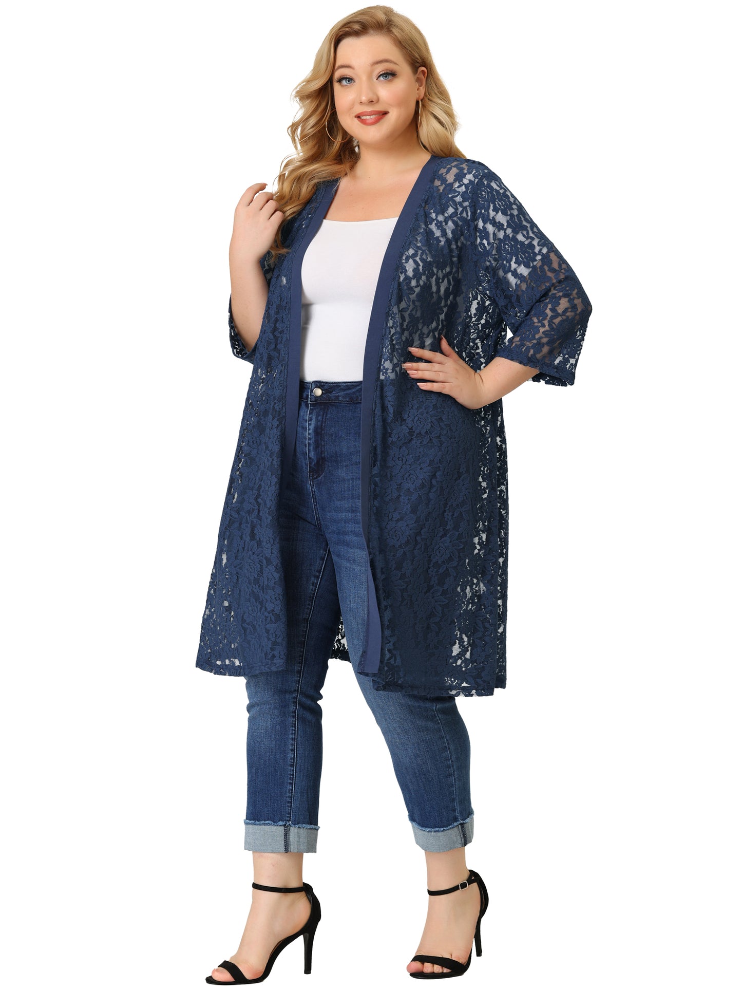 Women Plus Size Cardigans Lace Lightweight Crochet 3/4 Sleeve Cover Up Jacket