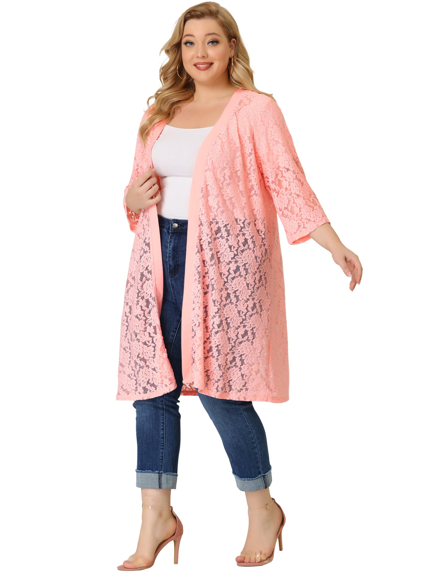 Women Plus Size Cardigans Lace Lightweight Crochet 3/4 Sleeve Cover Up Jacket
