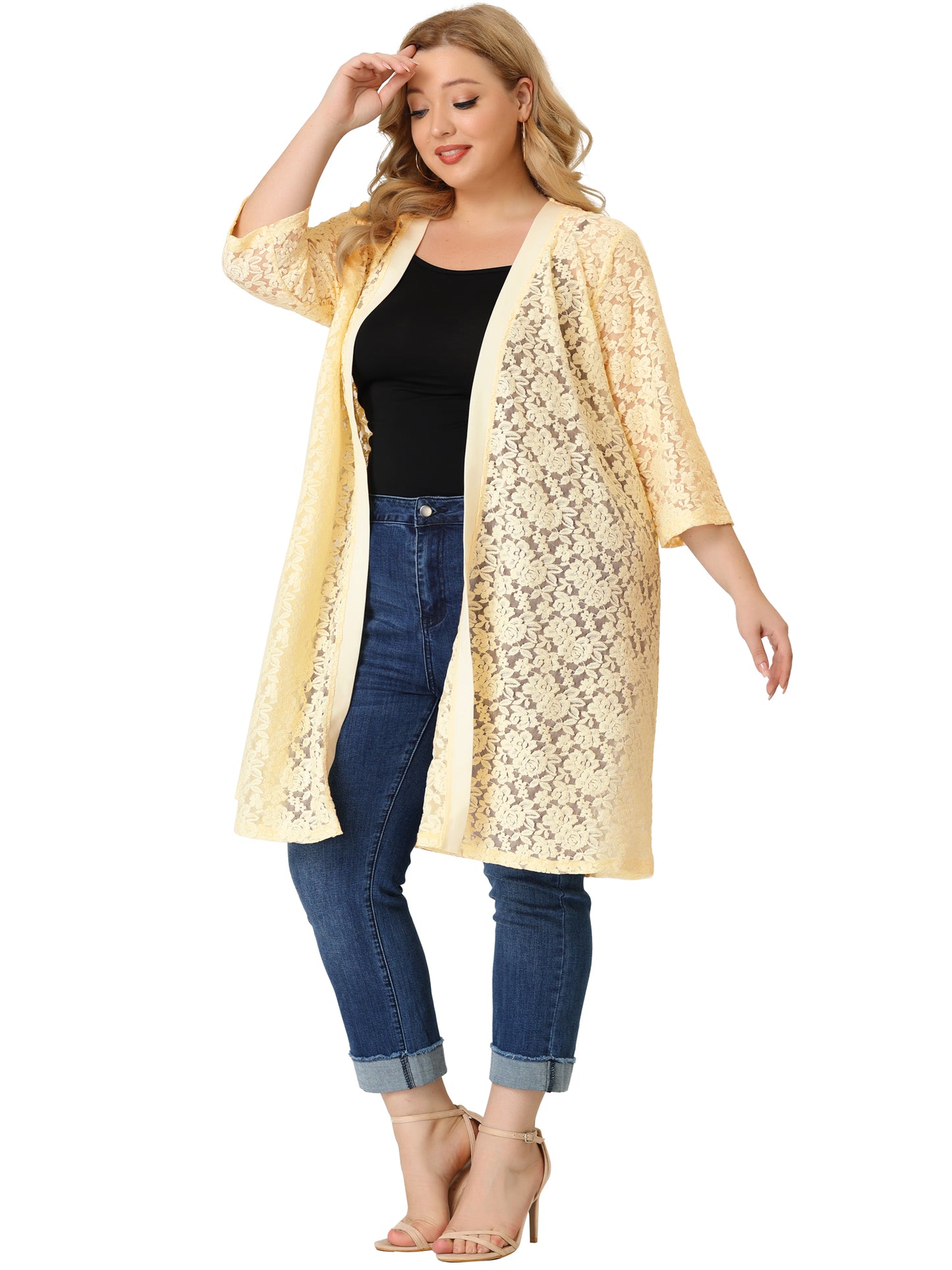 Women Plus Size Cardigans Lace Lightweight Crochet 3/4 Sleeve Cover Up Jacket