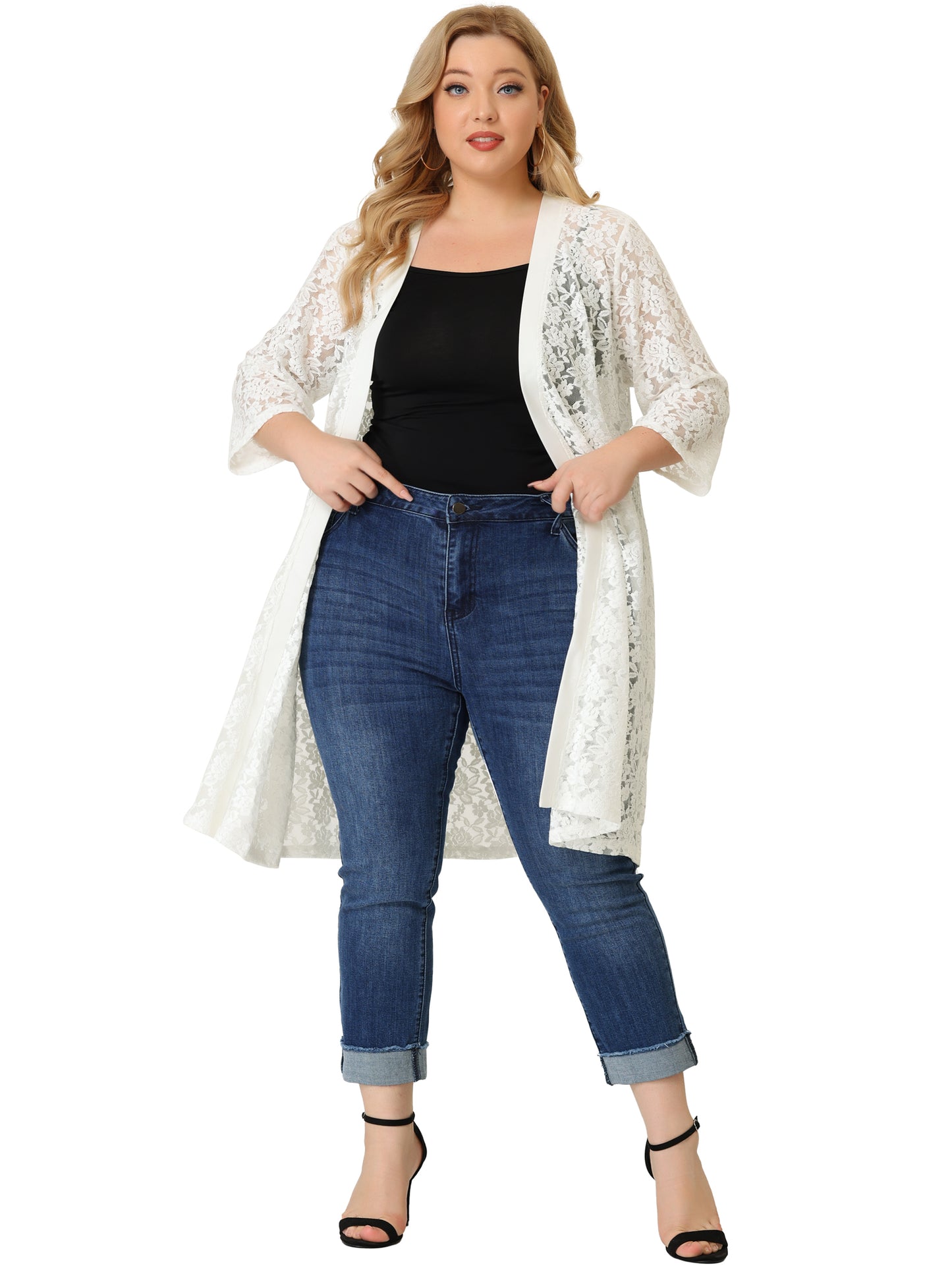 Women Plus Size Cardigans Lace Lightweight Crochet 3/4 Sleeve Cover Up Jacket