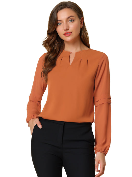 Women's Keyhole Neck Long Sleeve Business Casual Blouse Shirt (Available in Plus Size)