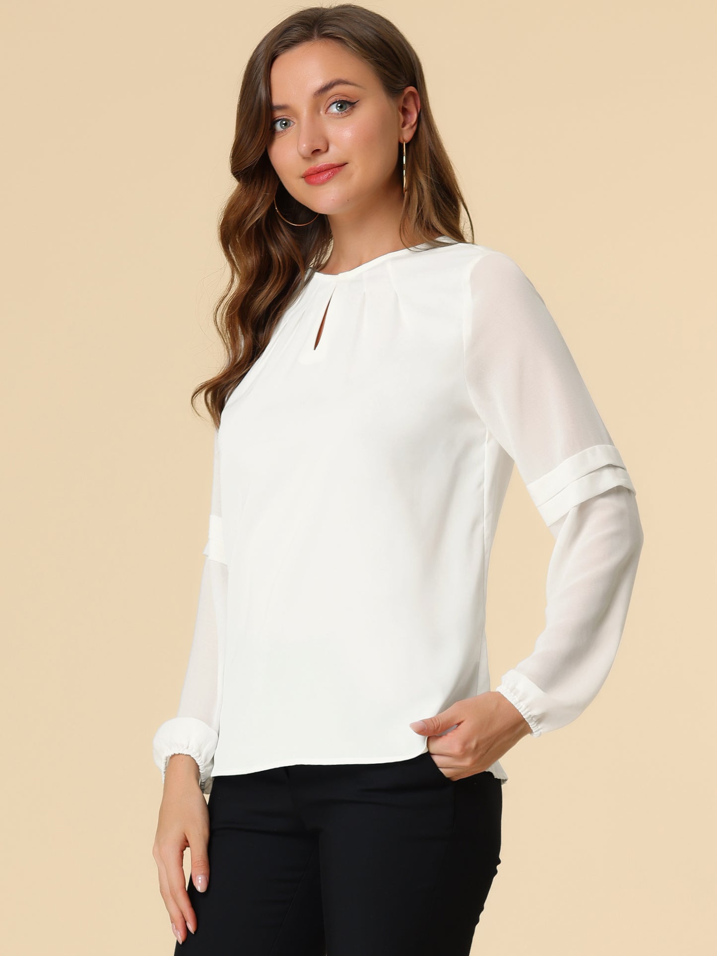 [PACK SALES] Women's 2 Pieces Work Office Long Sleeves Keyhole Neck Elegant Blouse