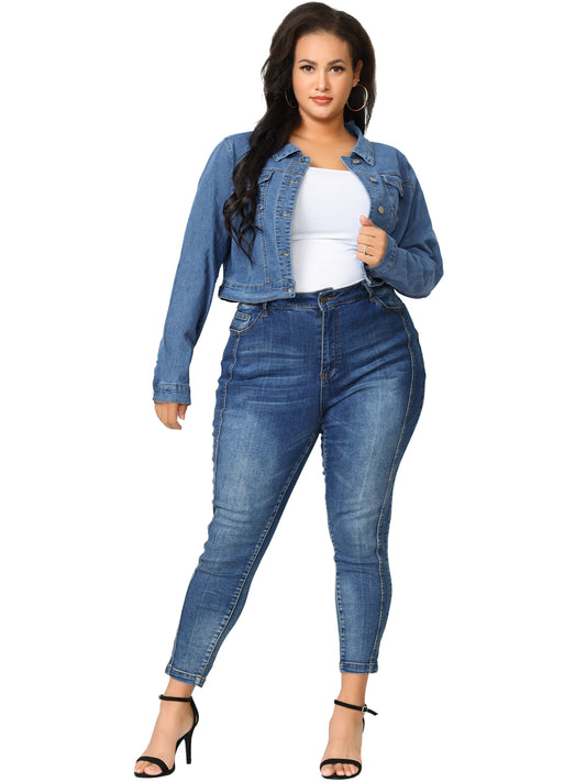 Women's Plus Size Button Closed Cropped Stitching Denim Jacket