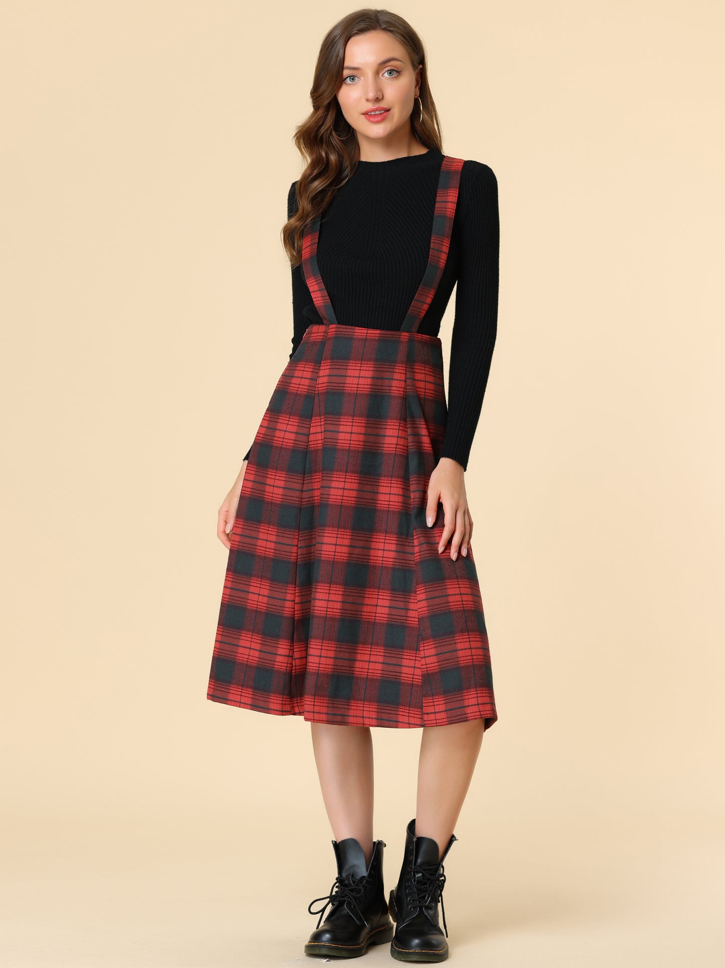 Women's Tartan Plaid Suspender Skirt Vintage High Waist A-Line Midi Overall Dress