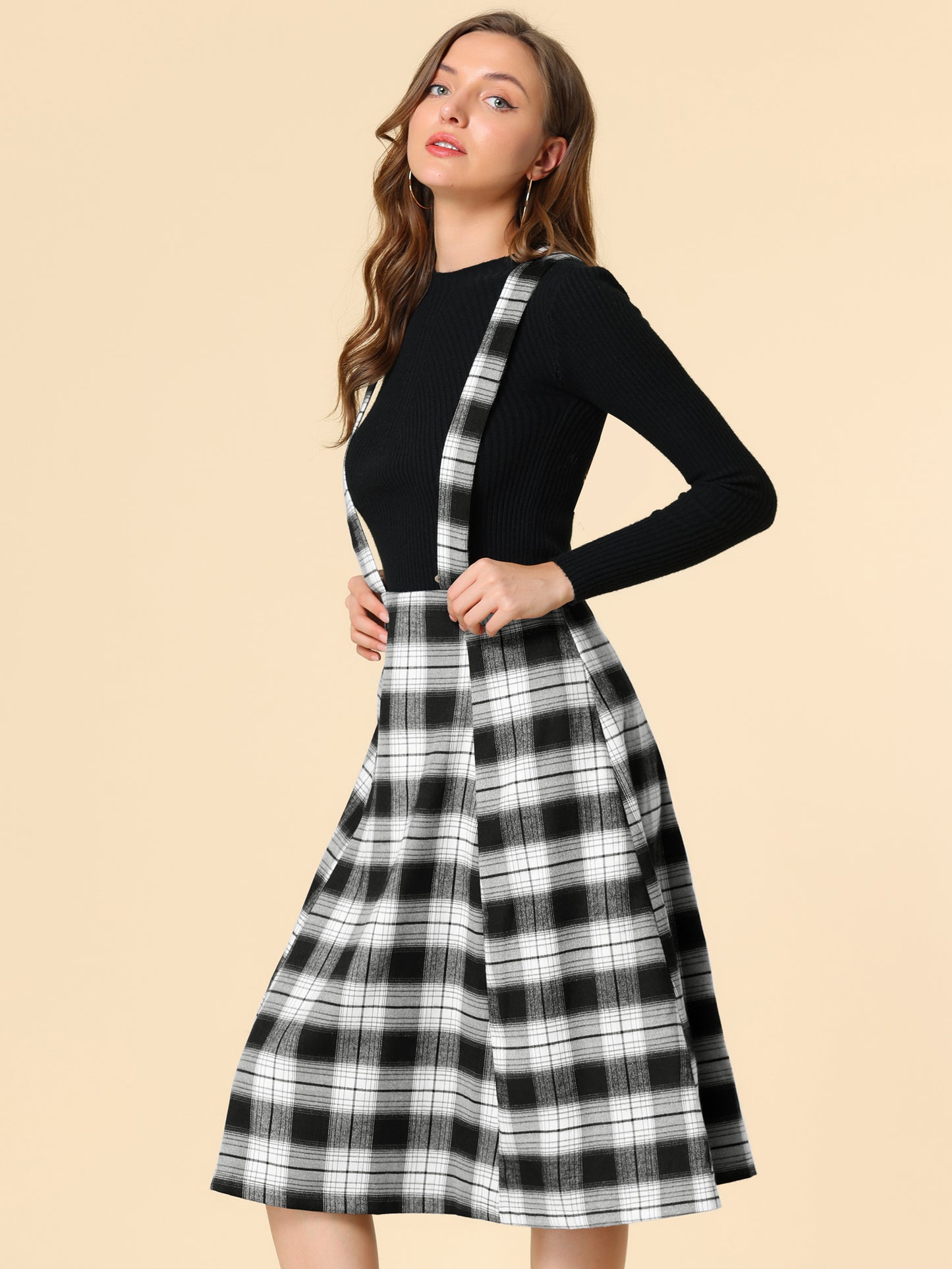 Women's Tartan Plaid Suspender Skirt Vintage High Waist A-Line Midi Overall Dress