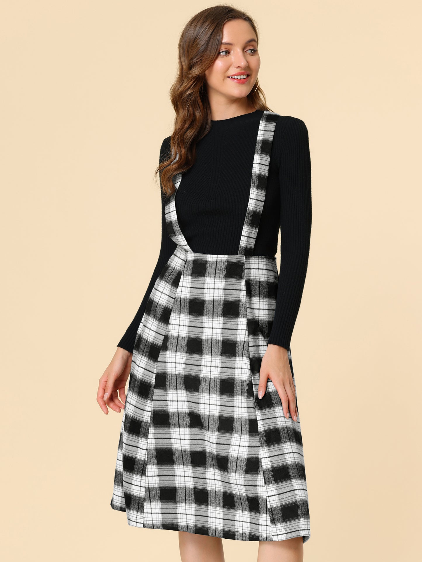 Women's Tartan Plaid Suspender Skirt Vintage High Waist A-Line Midi Overall Dress