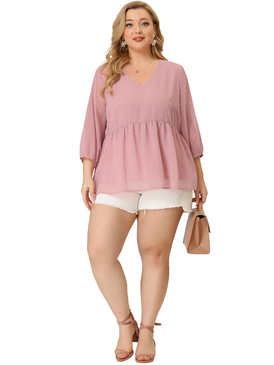 Women Plus Size Chiffon Top Babydoll Long Sleeve Swiss Dots Blouse