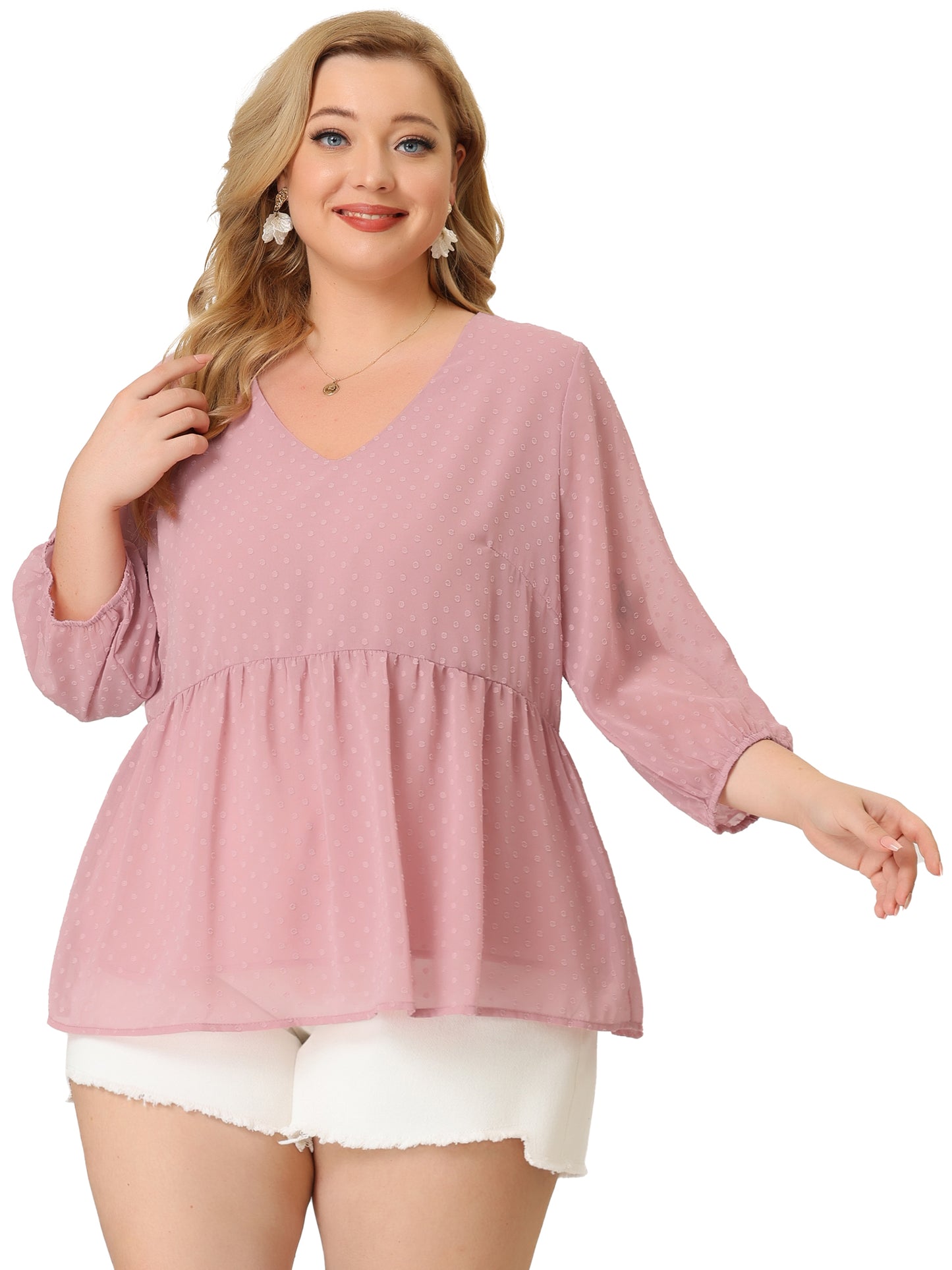 Women Plus Size Chiffon Top Babydoll Long Sleeve Swiss Dots Blouse
