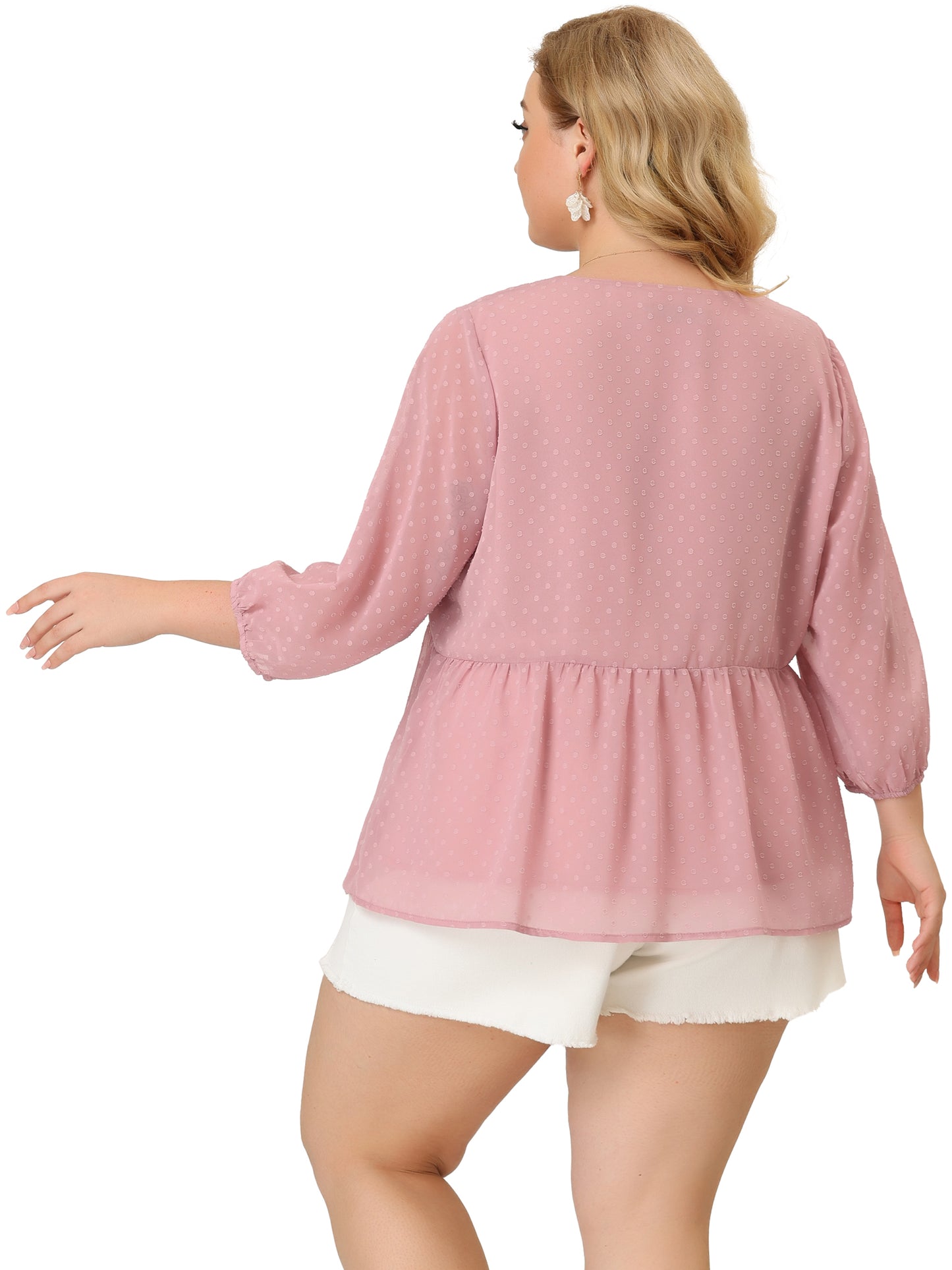Women Plus Size Chiffon Top Babydoll Long Sleeve Swiss Dots Blouse