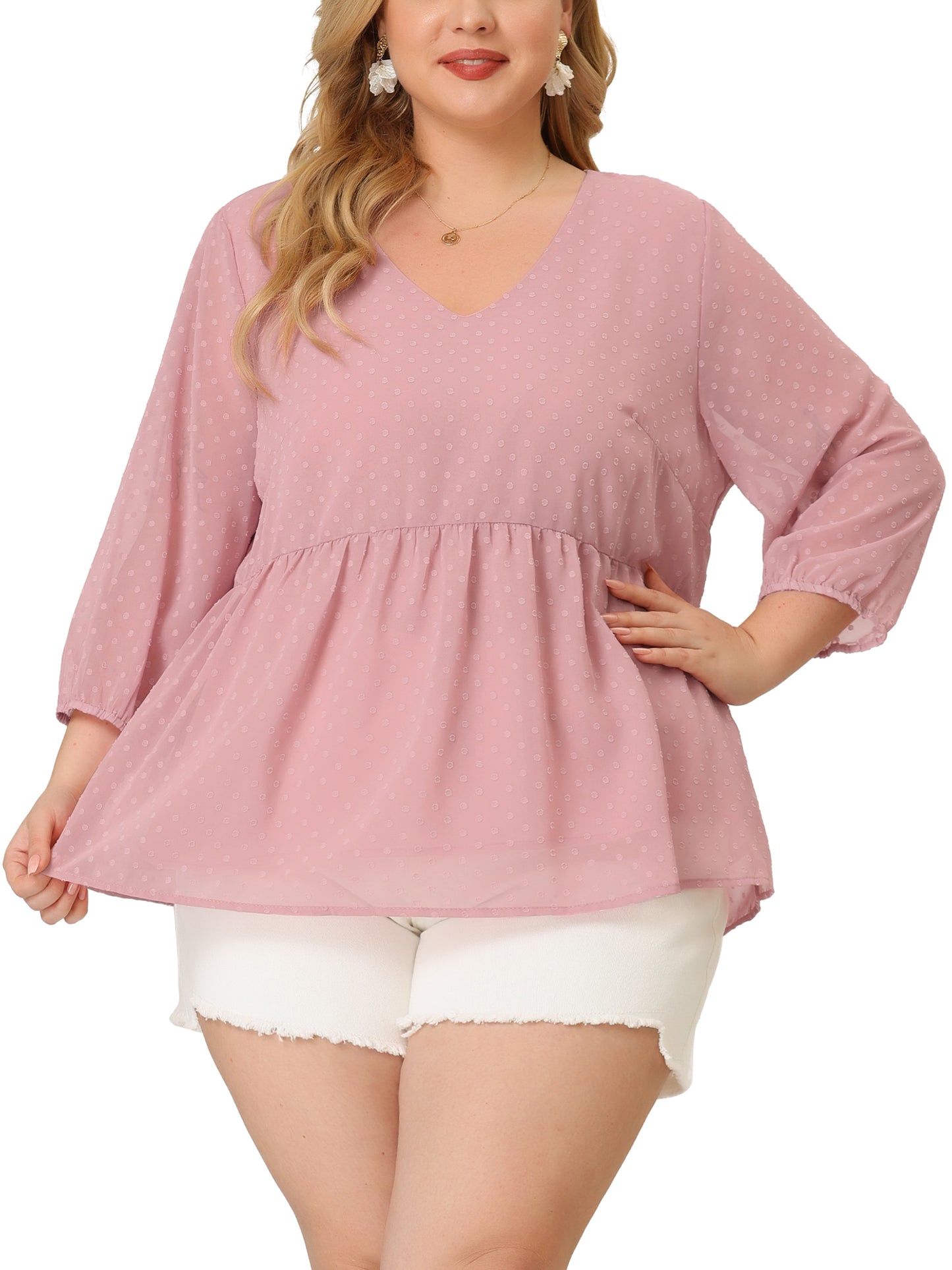 Women Plus Size Chiffon Top Babydoll Long Sleeve Swiss Dots Blouse