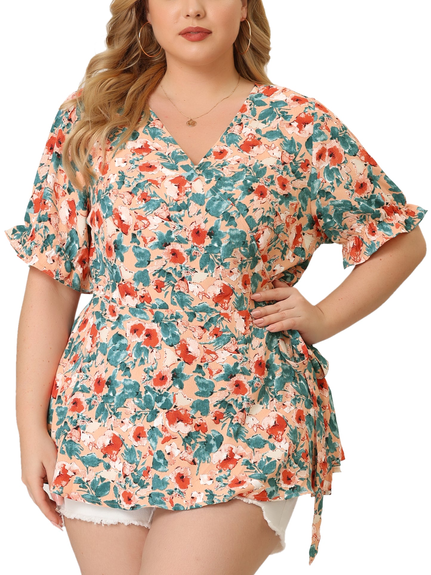 Women's Plus Size Blouse Floral Ruffle Sleeve Faux Wrap Peplum Top