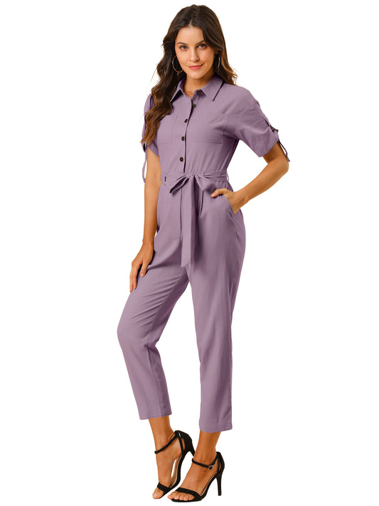 Women's Short Sleeve Collared Cropped Coverall  Button Down Tie Waist Cotton Cargo Jumpsuit (Available in Plus Size)