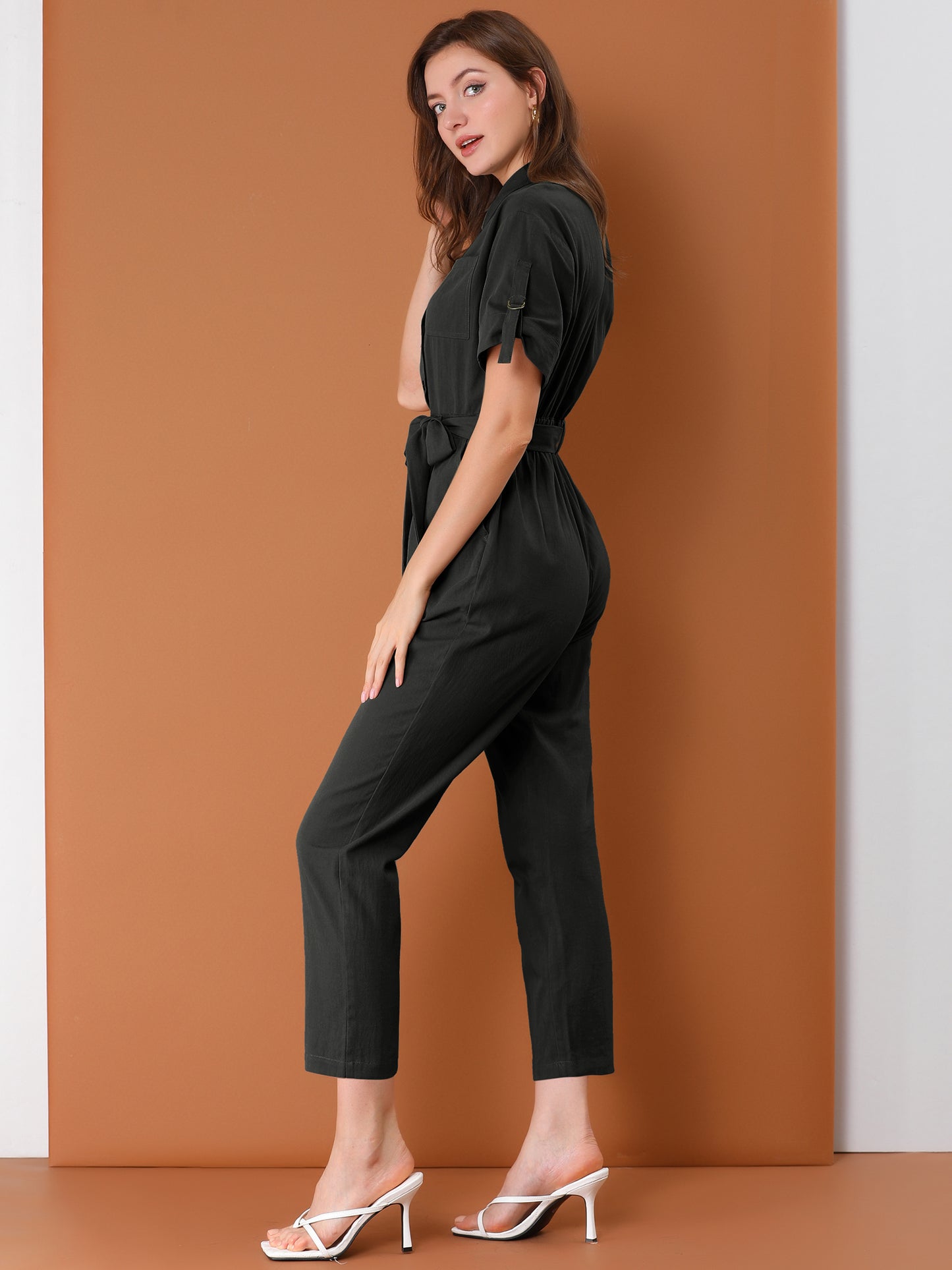 Women's Short Sleeve Collared Cropped Coverall  Button Down Tie Waist Cotton Cargo Jumpsuit (Available in Plus Size)