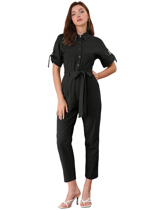 Women's Short Sleeve Collared Cropped Coverall  Button Down Tie Waist Cotton Cargo Jumpsuit (Available in Plus Size)
