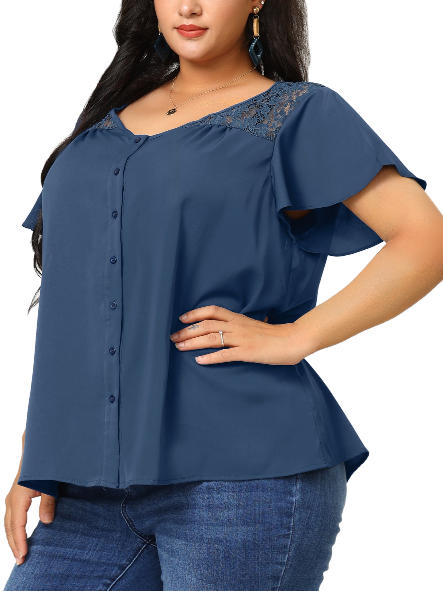 Women Plus Size Chiffon Summer Lace V Neck Flare Sleeve Blouse Shirt Top