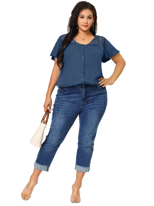 Women Plus Size Chiffon Summer Lace V Neck Flare Sleeve Blouse Shirt Top