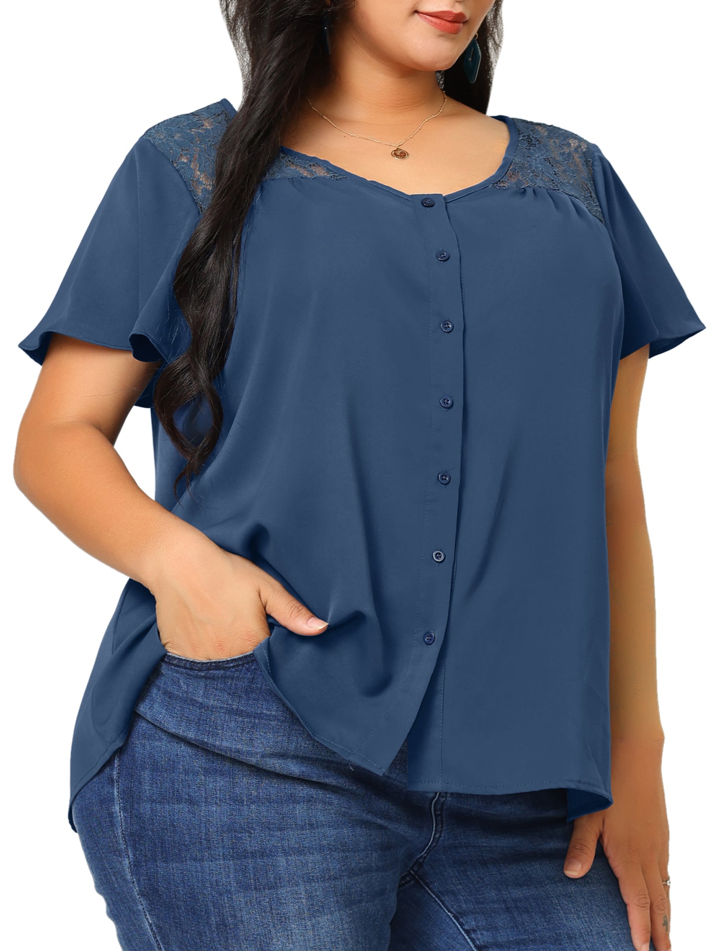 Women Plus Size Chiffon Summer Lace V Neck Flare Sleeve Blouse Shirt Top