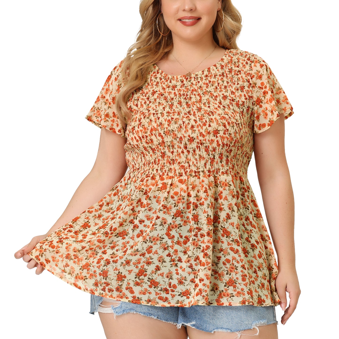Women Plus Size Chiffon Blouse Summer Flare Short Sleeve Smocked Ditsy Floral Peplum Top