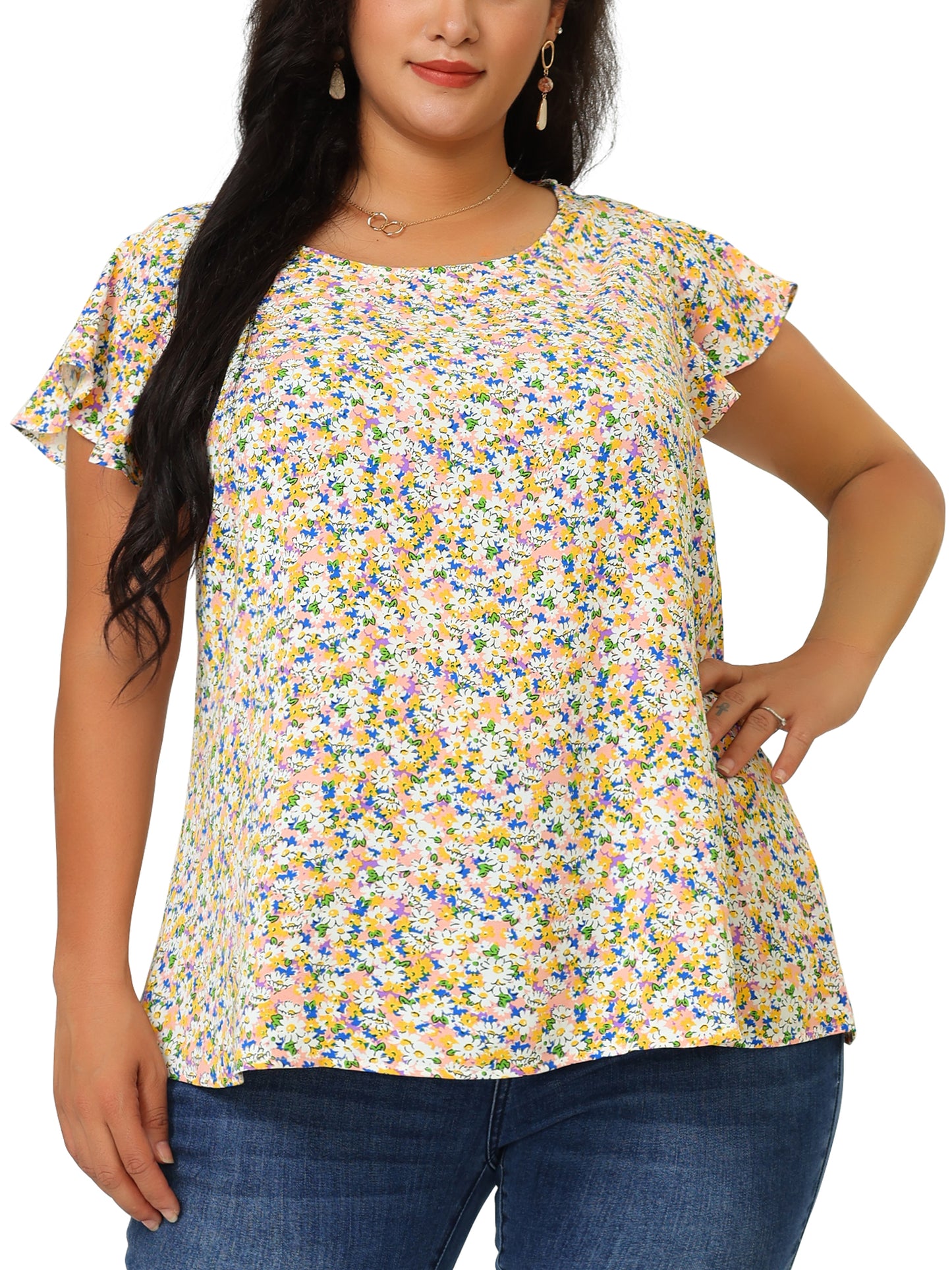 Women's Plus Size Summer Top Floral Round Neck Short Sleeves Ruffle Casual Blouse