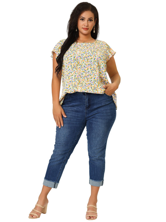 Women's Plus Size Summer Top Floral Round Neck Short Sleeves Ruffle Casual Blouse