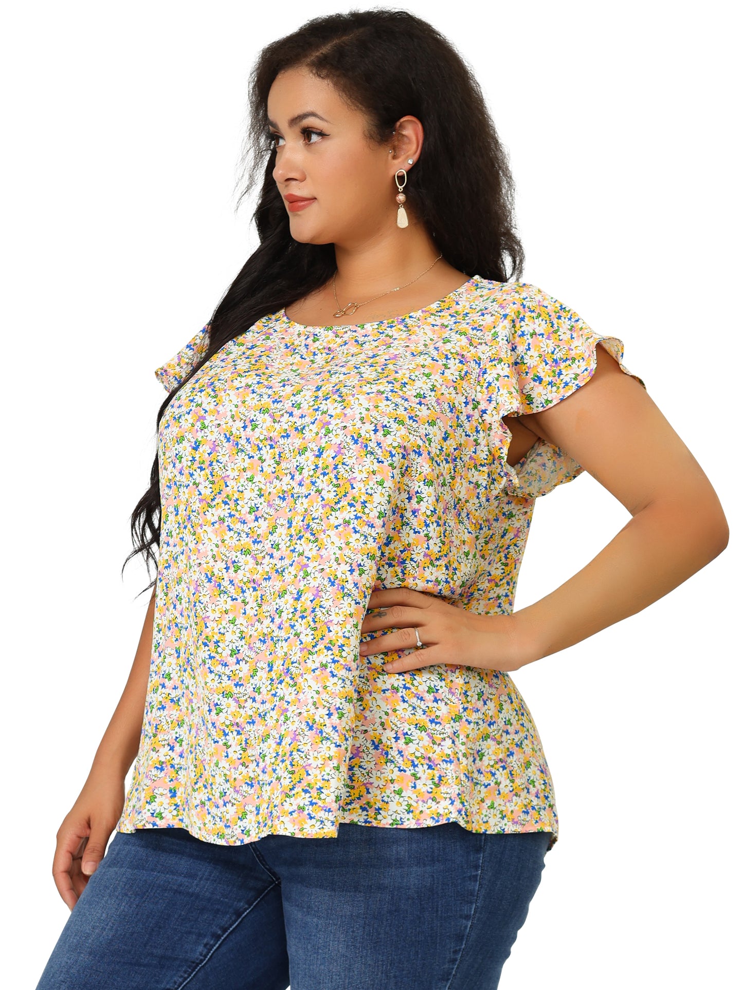 Women's Plus Size Summer Top Floral Round Neck Short Sleeves Ruffle Casual Blouse