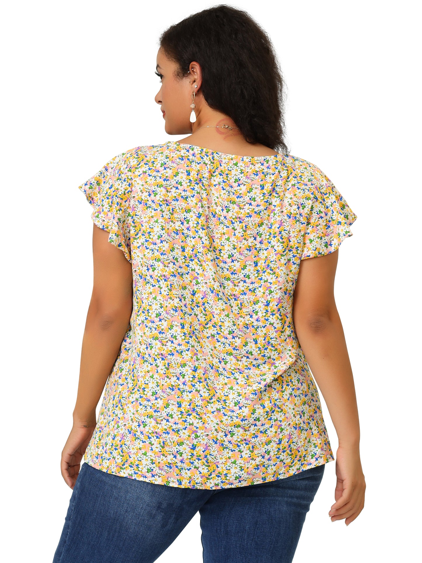 Women's Plus Size Summer Top Floral Round Neck Short Sleeves Ruffle Casual Blouse