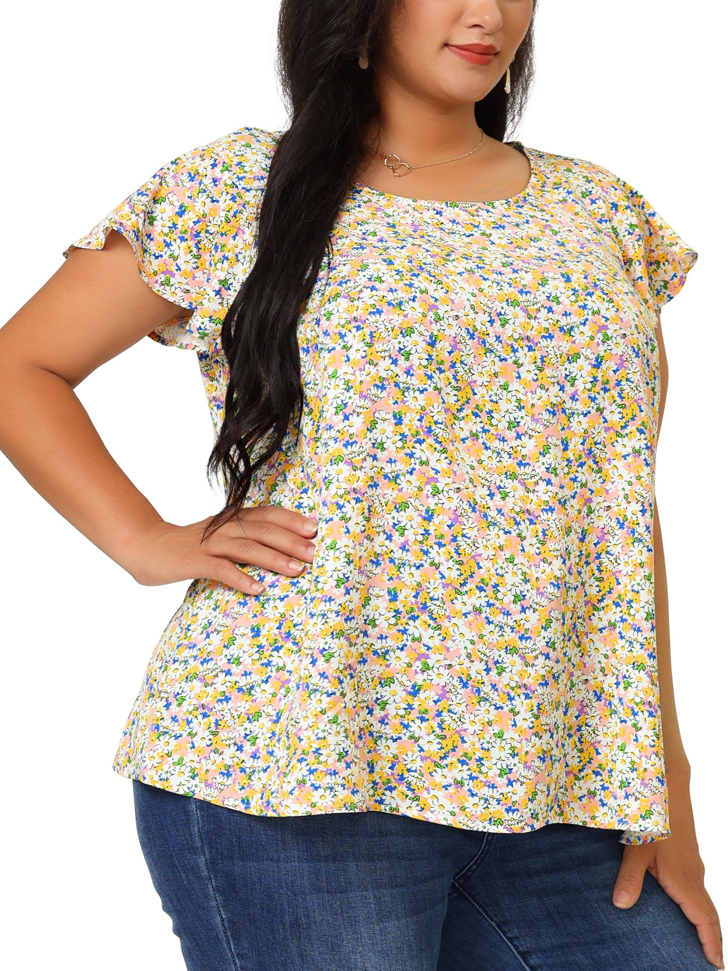 Women's Plus Size Summer Top Floral Round Neck Short Sleeves Ruffle Casual Blouse
