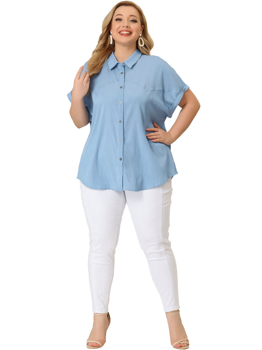 Women Plus Size Chambray Shirt Work Tops Roll Sleeves Buttons Down Shirt