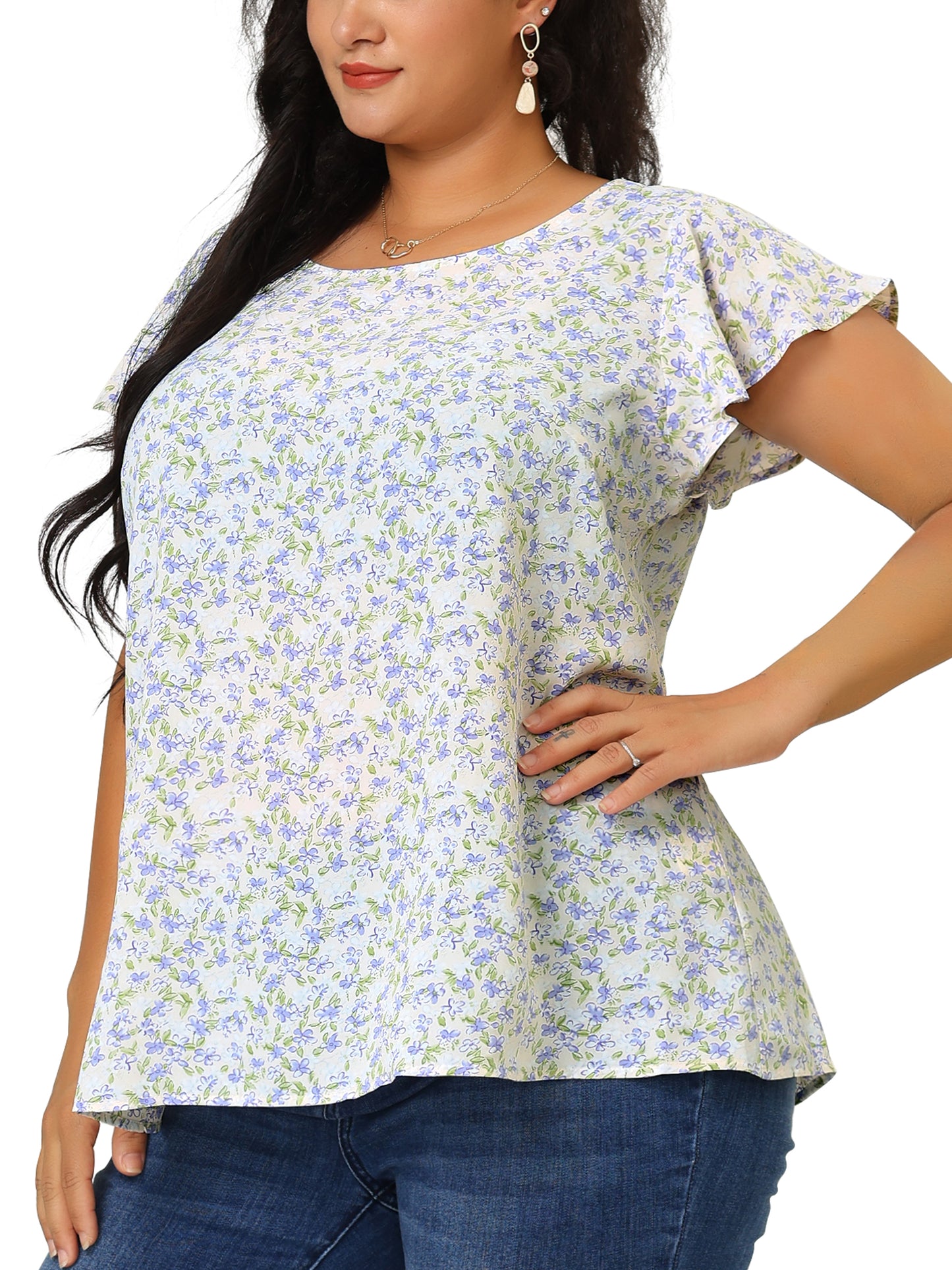 Women's Plus Size Summer Top Floral Round Neck Short Sleeves Ruffle Casual Blouse
