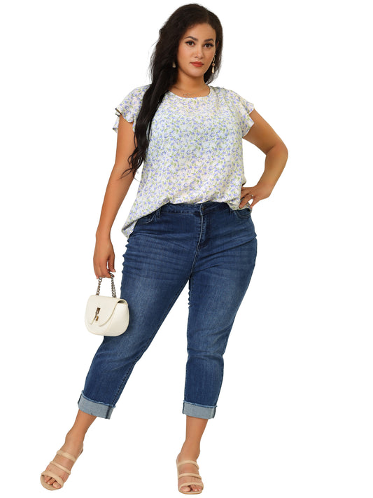 Women's Plus Size Summer Top Floral Round Neck Short Sleeves Ruffle Casual Blouse