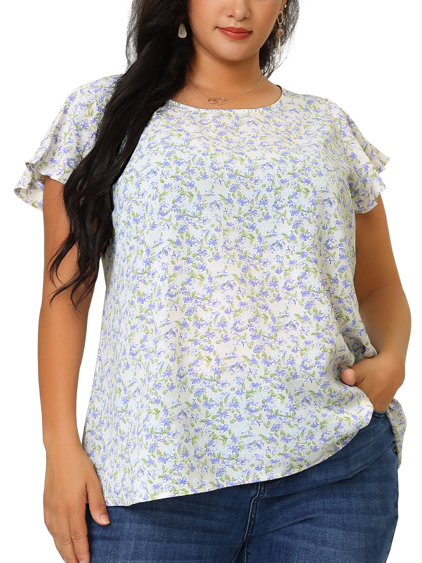 Women's Plus Size Summer Top Floral Round Neck Short Sleeves Ruffle Casual Blouse