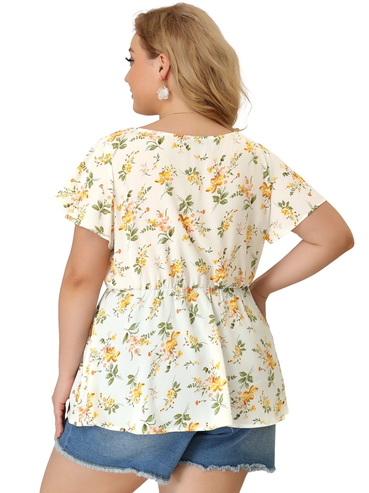 Women Plus Size Peplum Top Flare Short Sleeve Sweetheart Neck Summer Floral Blouse