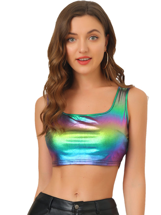 Women's U Neck Sleeveless Party Clubwear Holographic Shiny Metallic Cami Crop Top