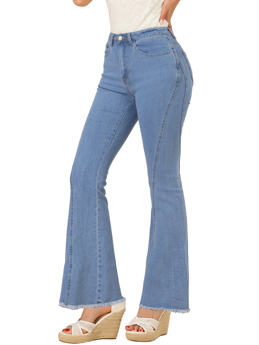 Women's 70s Vintage Flare Jeans High Waist Stretch Denim Bell Bottoms Jeans