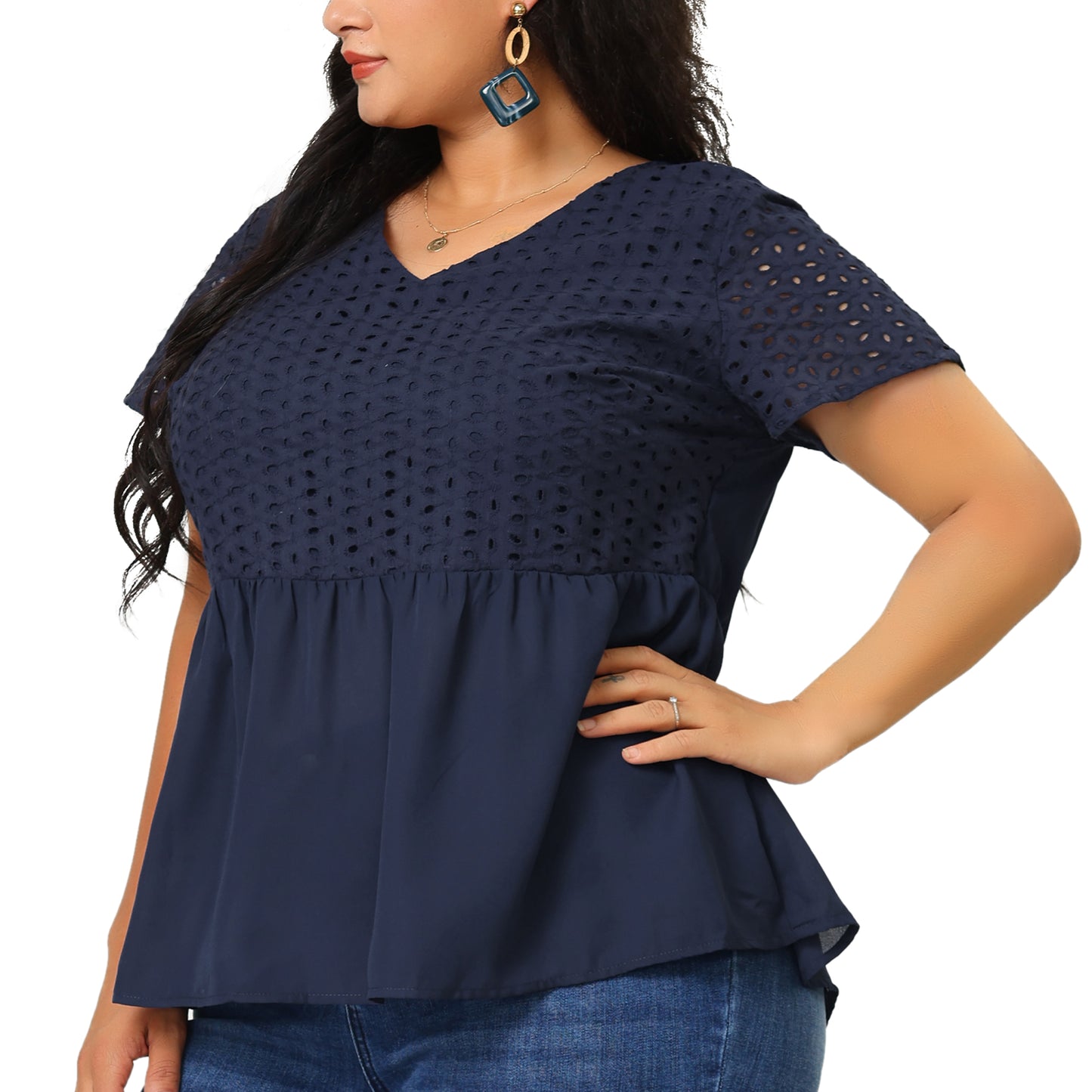 Women Plus Size Peplum BlouseSummer Short Sleeves V Neck Babydoll Top