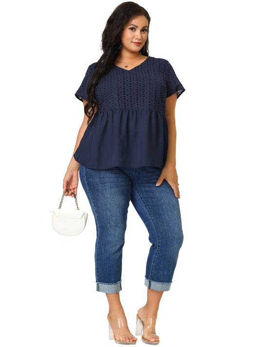 Women Plus Size Peplum BlouseSummer Short Sleeves V Neck Babydoll Top