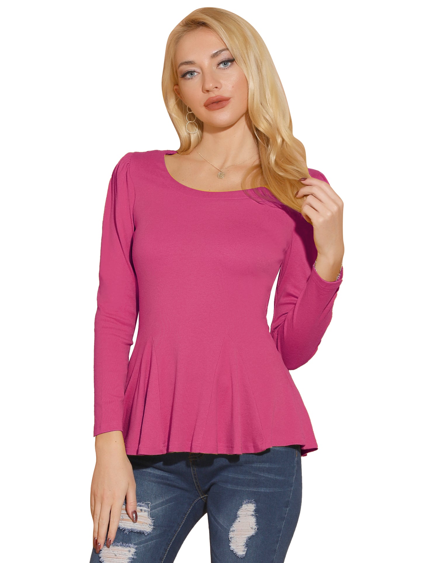 Women's Ruffled Hem Long Sleeve Scoop Neck Casual Peplum Shirt