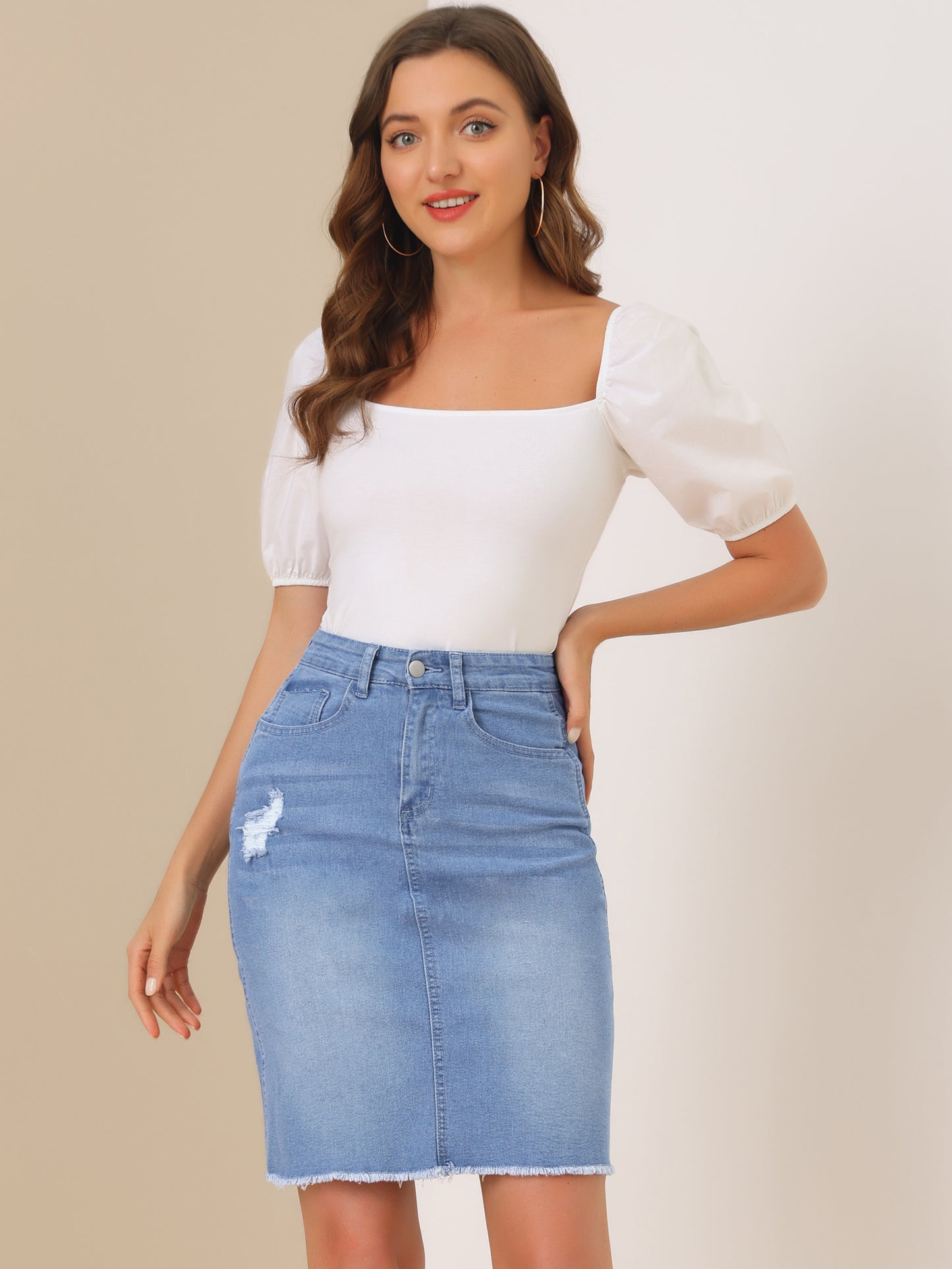 Women's Basic Distressed High Waist Ripped Hem Washed Jeans Denim Skirt (Available in Plus Size)