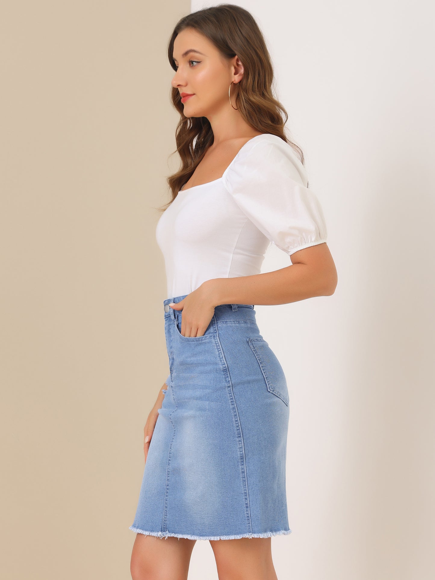 Women's Basic Distressed High Waist Ripped Hem Washed Jeans Denim Skirt (Available in Plus Size)